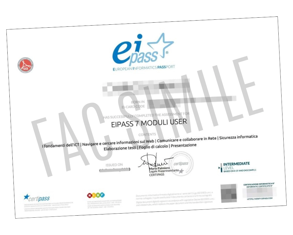fac simile della certificazione informatica eipass