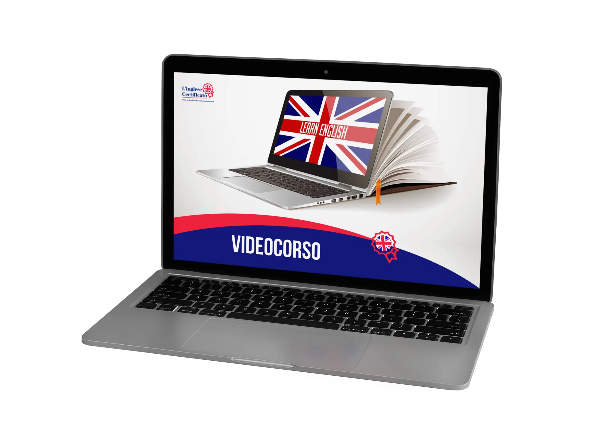 "Immagine di un computer portatile con uno schermo che mostra la copertina di un libro digitale. Il libro è aperto e presenta la bandiera del Regno Unito, suggerendo che si tratta di un corso di lingua inglese. Il testo 'VIDEOCORSO' è chiaramente visibile sullo schermo, indicando che il corso è basato su video lezioni.