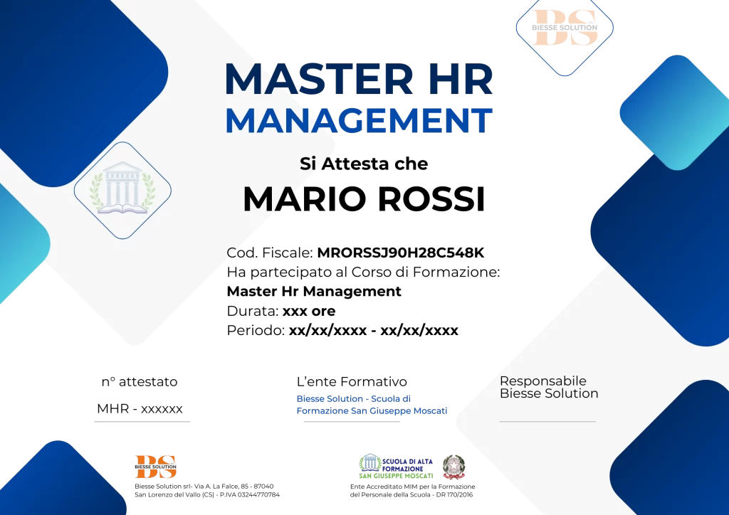Facsimile dell'attestato rilasciato alla fine del Master HR Management di Scuola Moscati