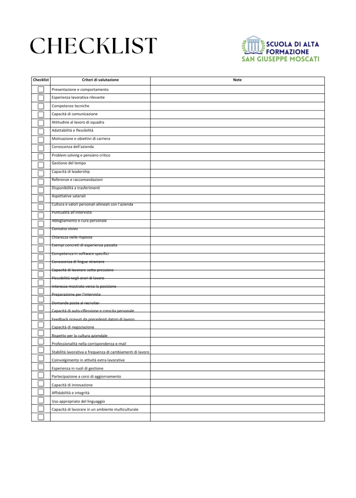 Checklist di valutazioni candidati delle risorse umane