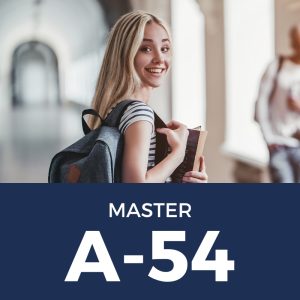 Locandina del Master per la Classe di Concorso A-54, con una ragazza che tiene dei libri in mano mentre si trova in università