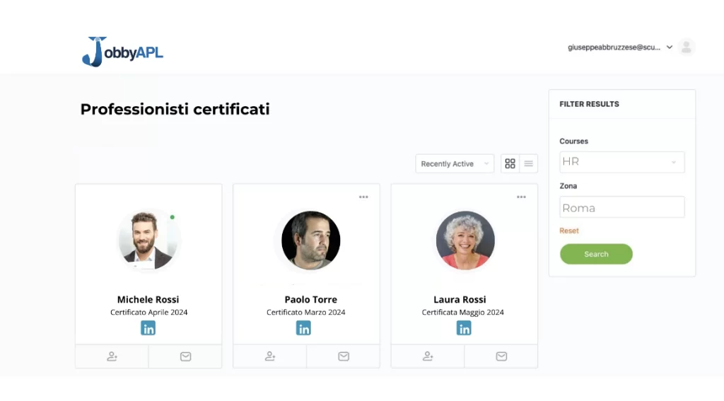 Schermata della piattaforma JobbyAPL per la ricerca di candidati